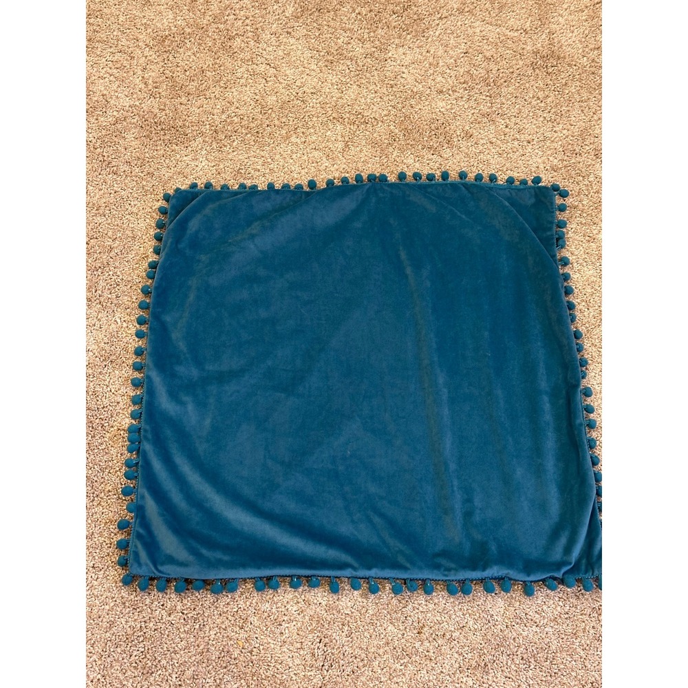 Pillow Covers 2 Teal Velour Feel Pom Pom Trim Square 24 x 24 Boho Decor Accent